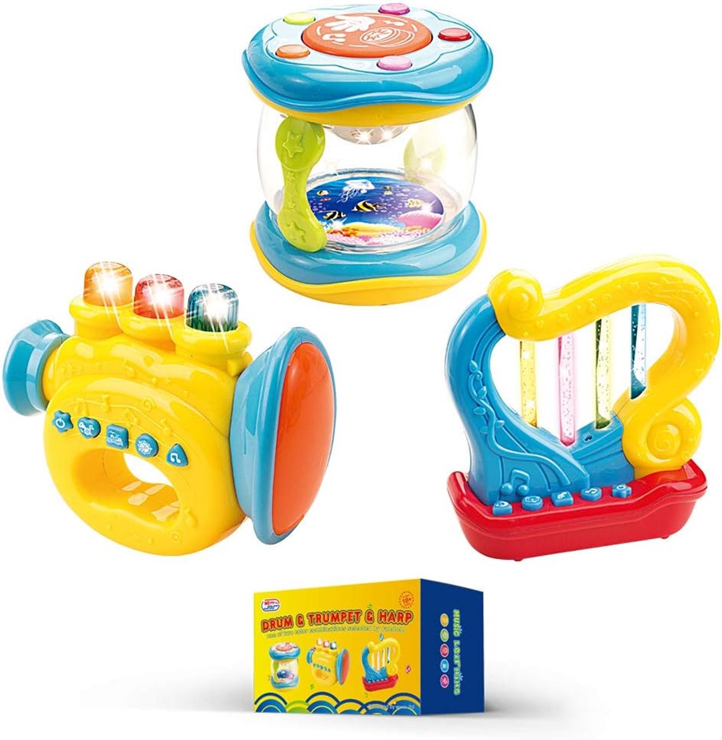 Trompet, trommel en harp | LED-verlichting, slaapliedjes en liedjes | Veilig en reisvriendelijk speelgoed voor baby's maanden | Auto-Off