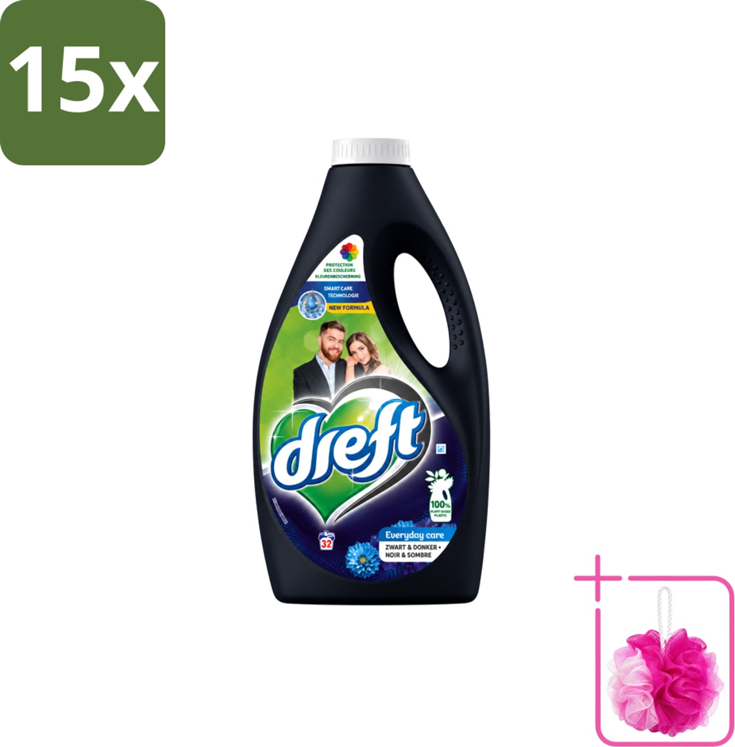 15 x Dreft – Vloeibaar Wasmiddel – Zwart & Donker – 32 Wasbeurten - Bulkverpakking - Donker wasmiddel - Douchemop - Kleurbehoud