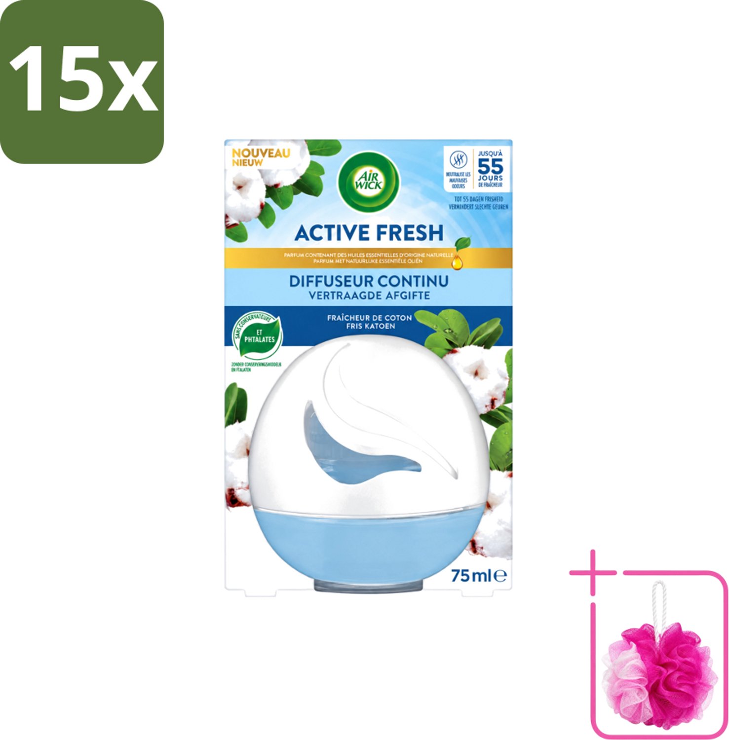 15 x Air Wick – Luchtverfrisser – Deco Sphere Katoen – 75 ml - Bulkverpakking - Luchtverfrisser - Douchemop - Katoen geur