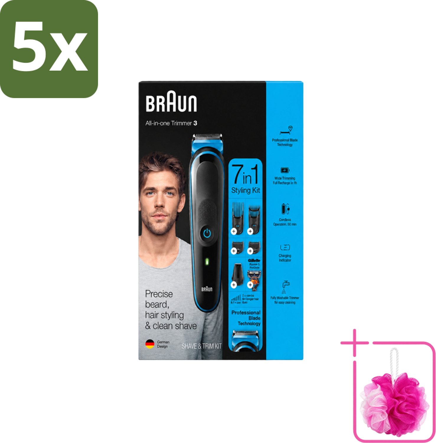 5 x Braun - Trimset - 7-in-1 - 1 Trim Apparaat - 6 Opzetstukken - Bulkverpakking - Baard trimmer - Douchemop - Gezichtshaar trimmer