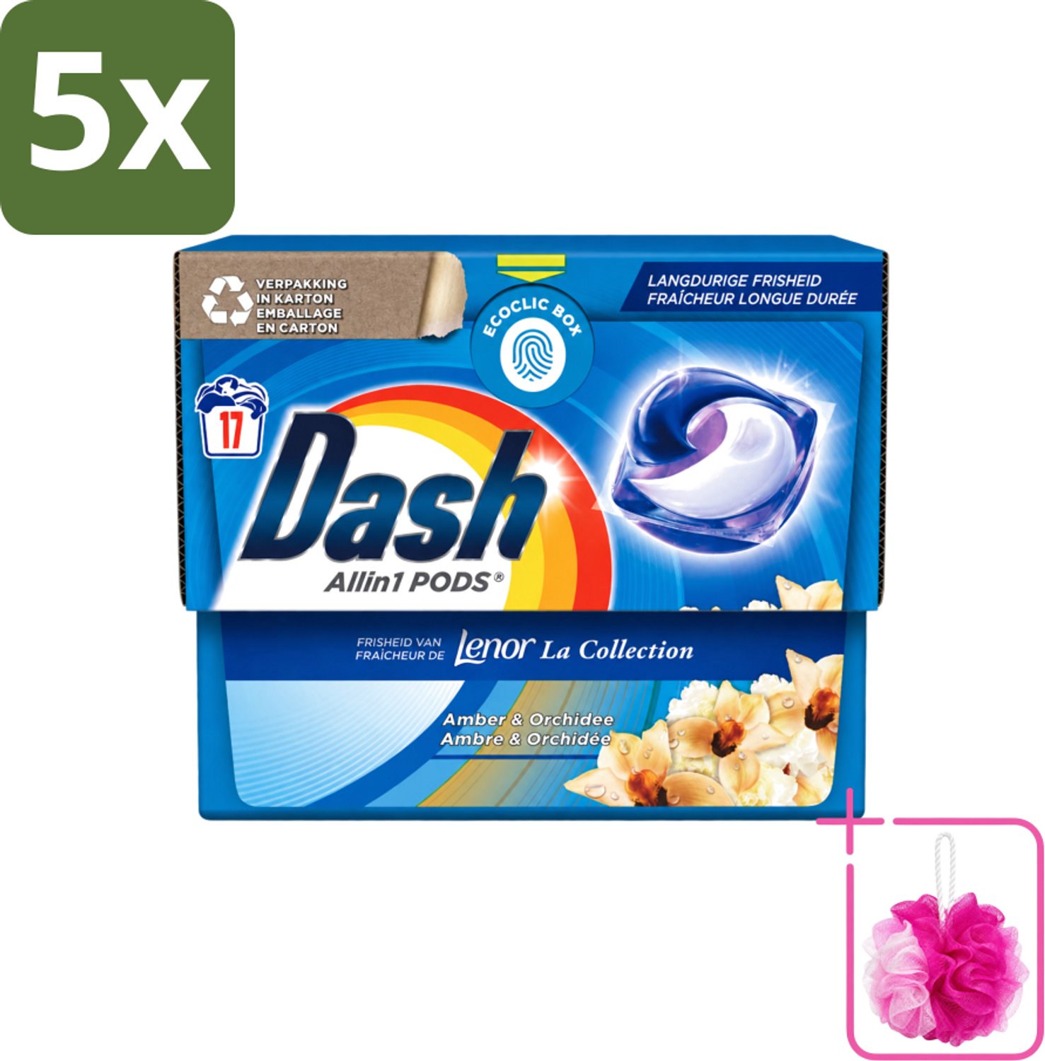 5 x Dash - Lenor Collectie - Wasmiddel Capsules - All-in-1 Pods - Witte en Gekleurde Was - Amber & Orchidee - 17 Wasbeurten - Bulkverpakking - Wasmiddel capsules - Douchemop - Wasbeurt