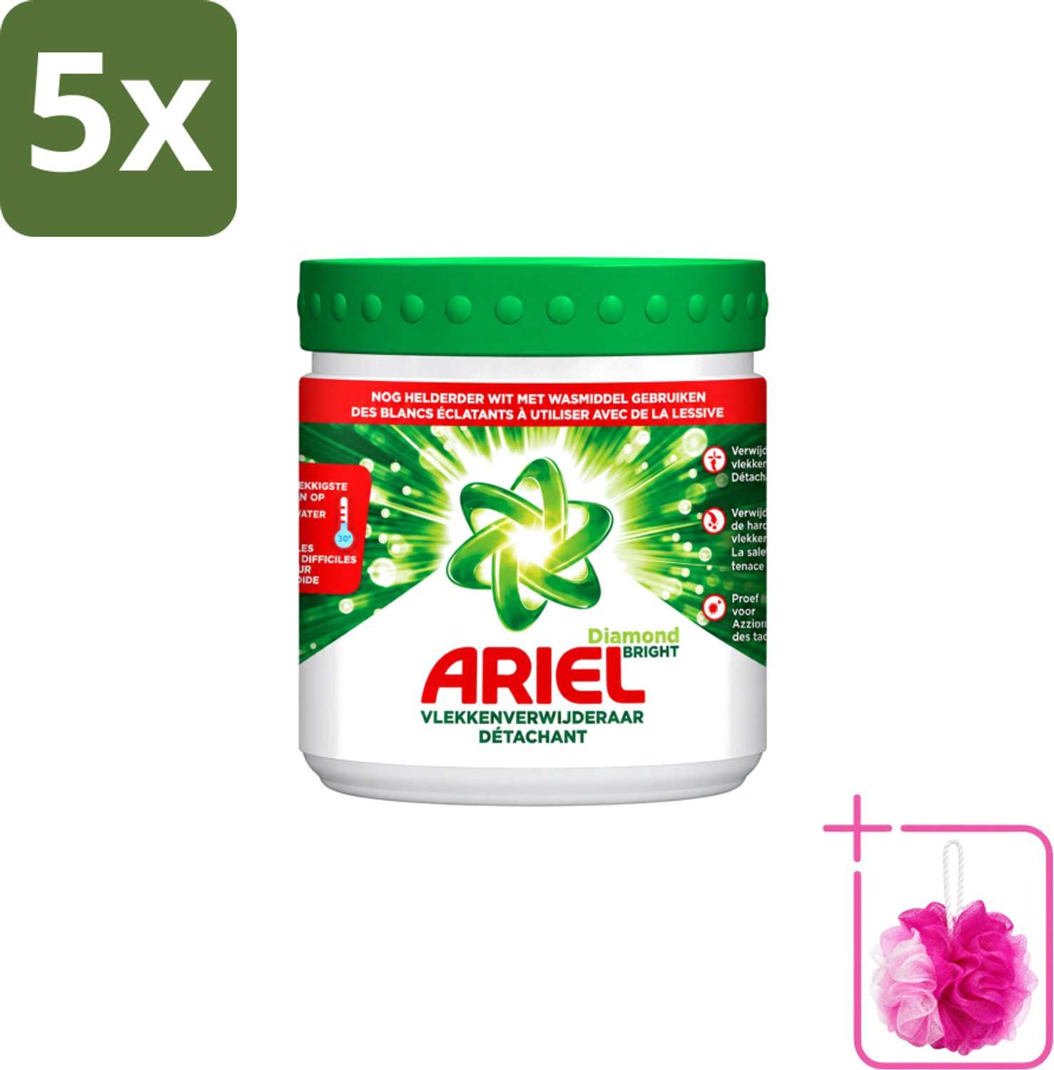 5 x Ariel Diamond Bright - Vlekverwijderaar Poeder - Witte Was - 30 Wasbeurten - Bulkverpakking - Vlekverwijderaar - Douchemop - Witte was