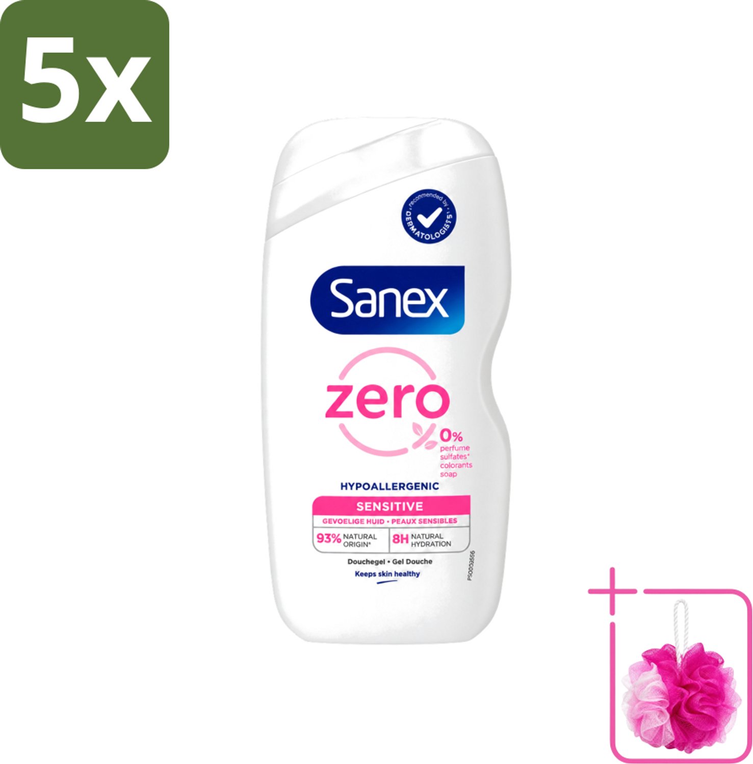 5 x Sanex Zero% - Douchegel - Gevoelige Huid - 0% Parfumsulfaten - Hypoallergeen - 400 ml - Bulkverpakking - Gevoelige huid - Douchemop - Hypoallergene douchegel