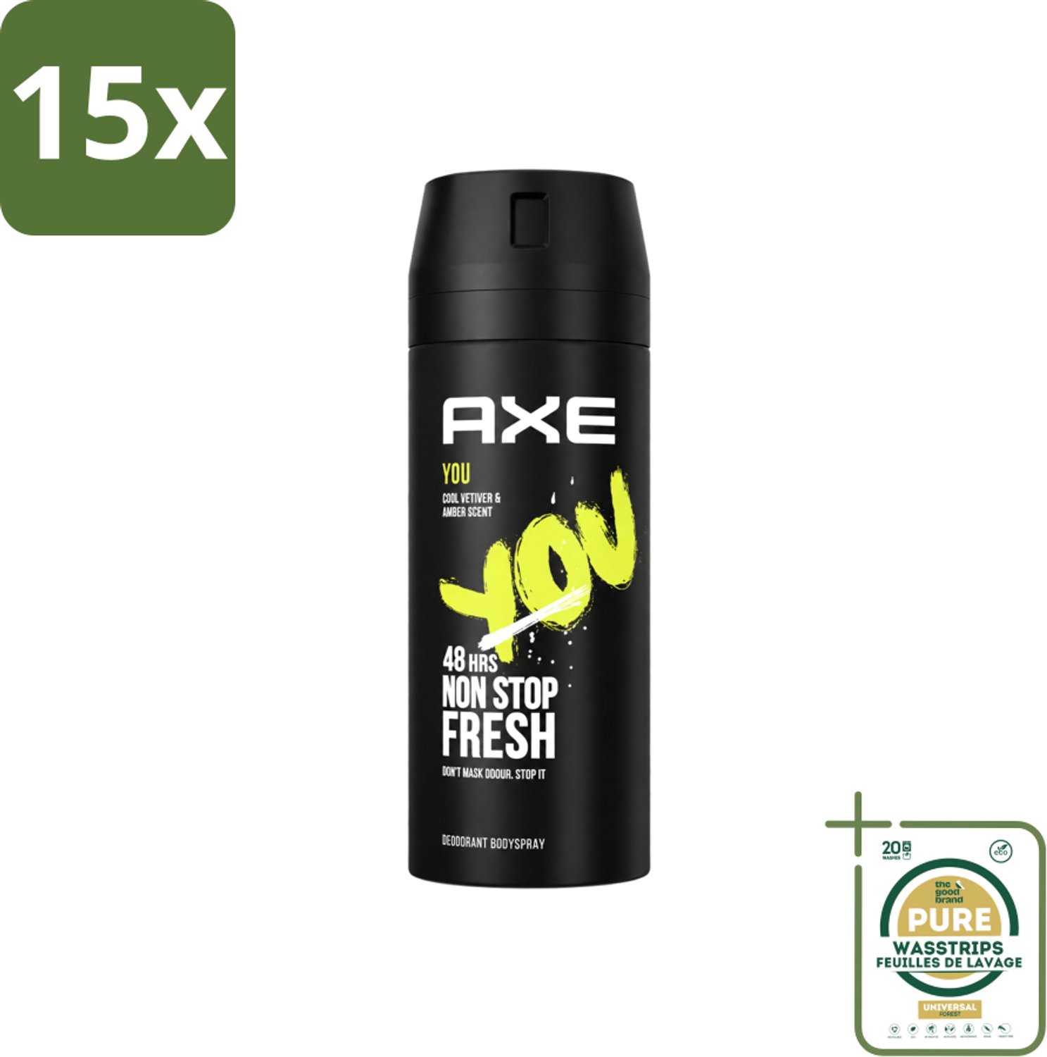 15 x Axe - Deodorant Bodyspray - 48hrs Fresh - You - Cool Vetiver & Amber - 150 ml - Wasstrips - 48 Uur Bescherming - Deodorant Sprayer - Geur Van Amber - Geur Van Vanille - Geur Van Zwarte Peper