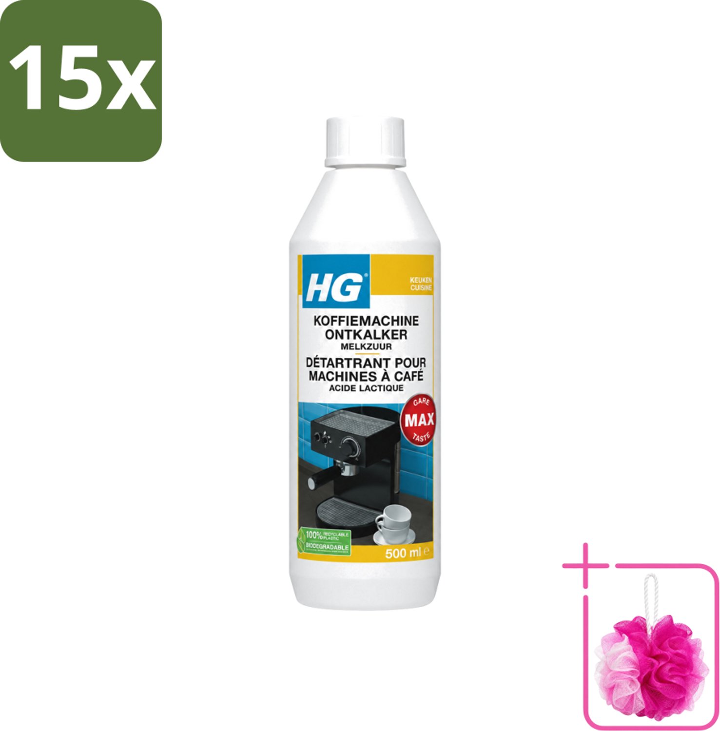 15 x HG - Koffiemachine Ontkalker - Op Basis Van Melkzuur - 4 tot 5 Reinigingsbeurten - 500 ml - Bulkverpakking - Koffiemachine ontkalker - Douchemop - Melkzuur ontkalker