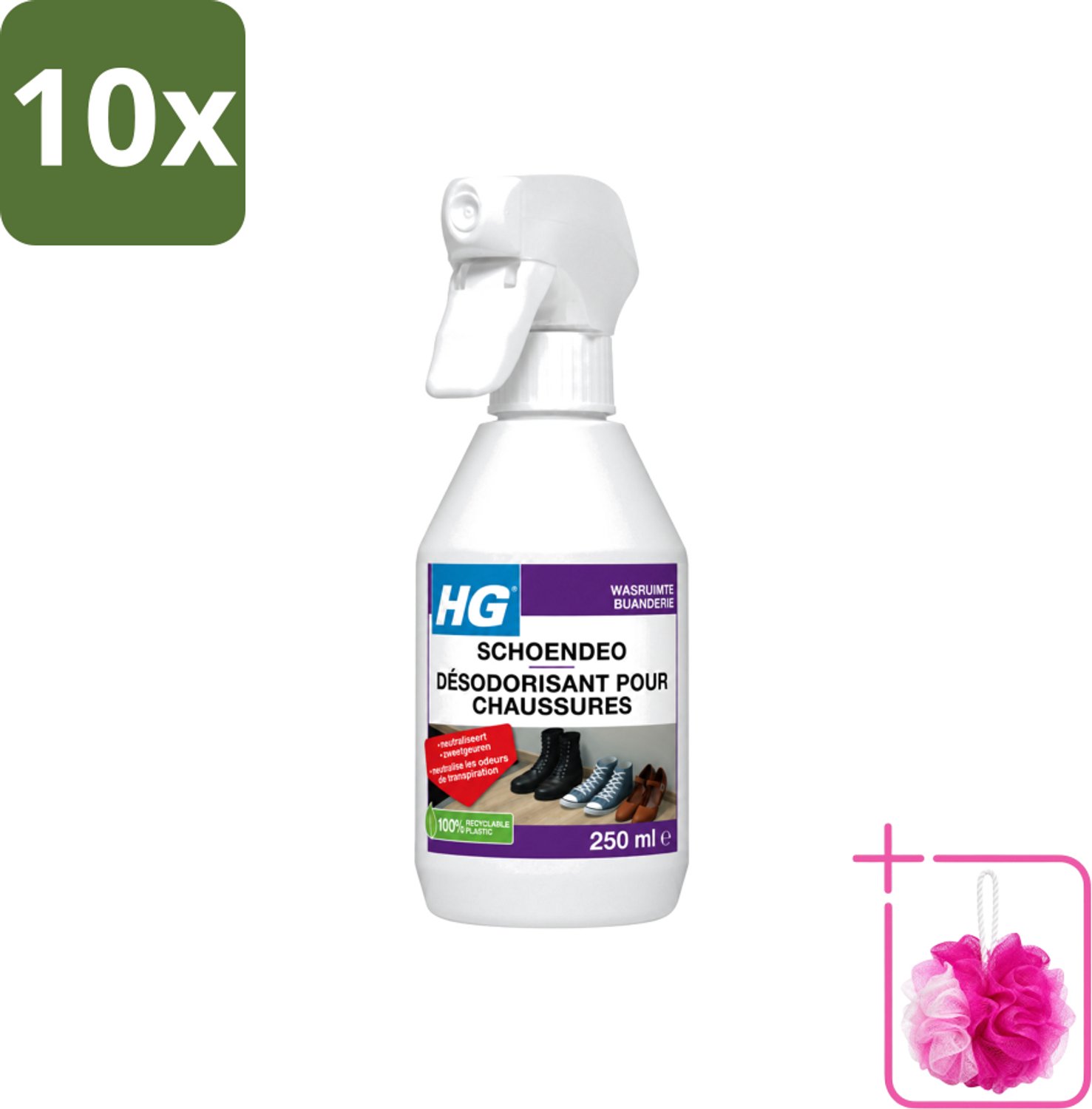 10 x HG - Schoendeo - Neutraliseert Zweetgeuren - Gemakkelijk in Gebruik - 250 ml - Bulkverpakking - Schoenen geur - Douchemop - Transpiratiegeur