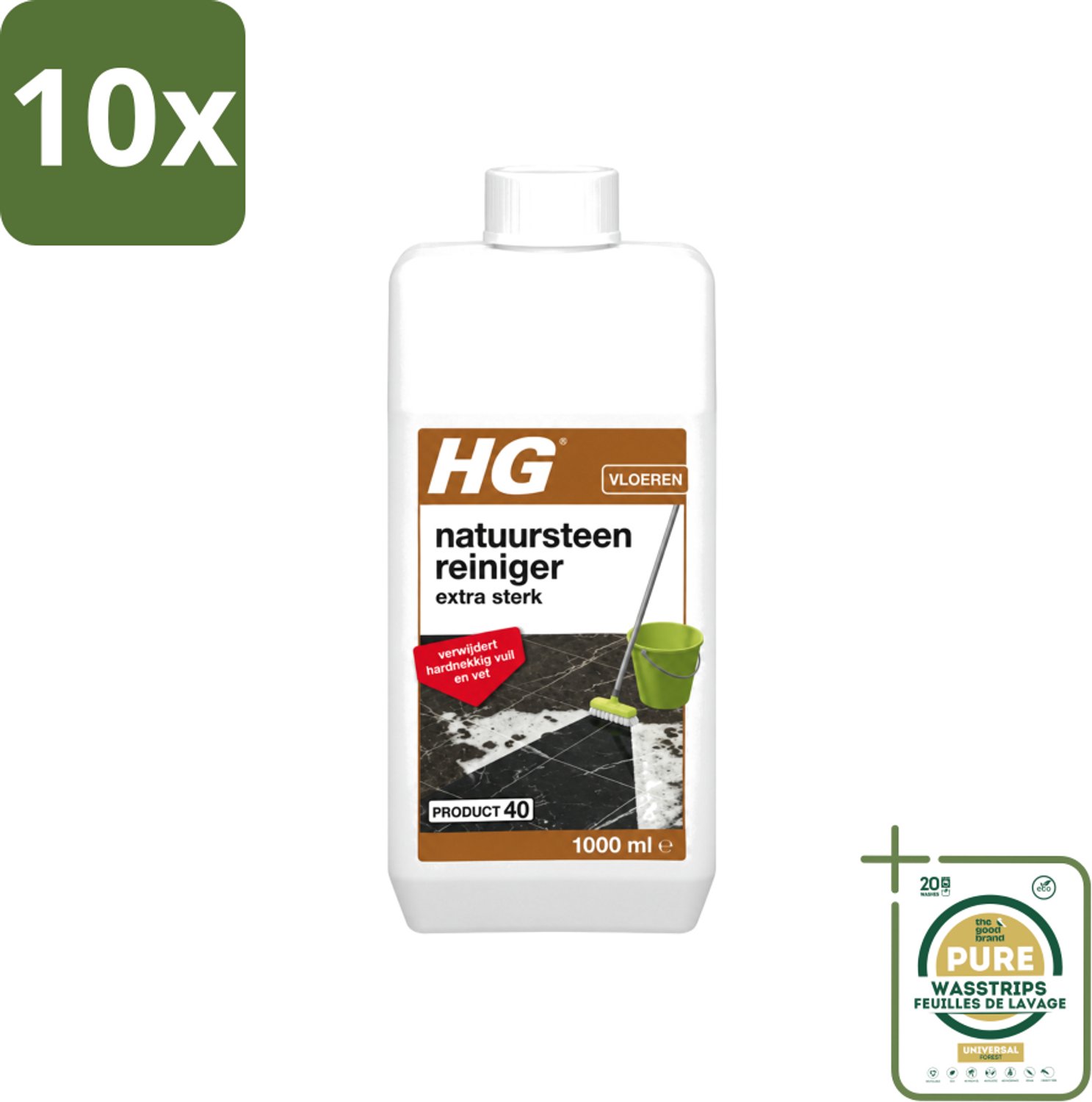 10 x HG - Natuursteenreiniger - Extra Sterk - Verwijdert Hardnekkig Vuil & Vet - 1L - Wasstrips - Natuursteen Reinigen - Vet Verwijderen - Natuursteen Reiniger - Marmer Reinigen - Travertin Reinigen