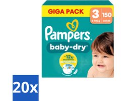 20 x Pampers – Luiers – Baby Dry Maat 3 – 150 Luiers - Voordeelverpakking - 20 stuks