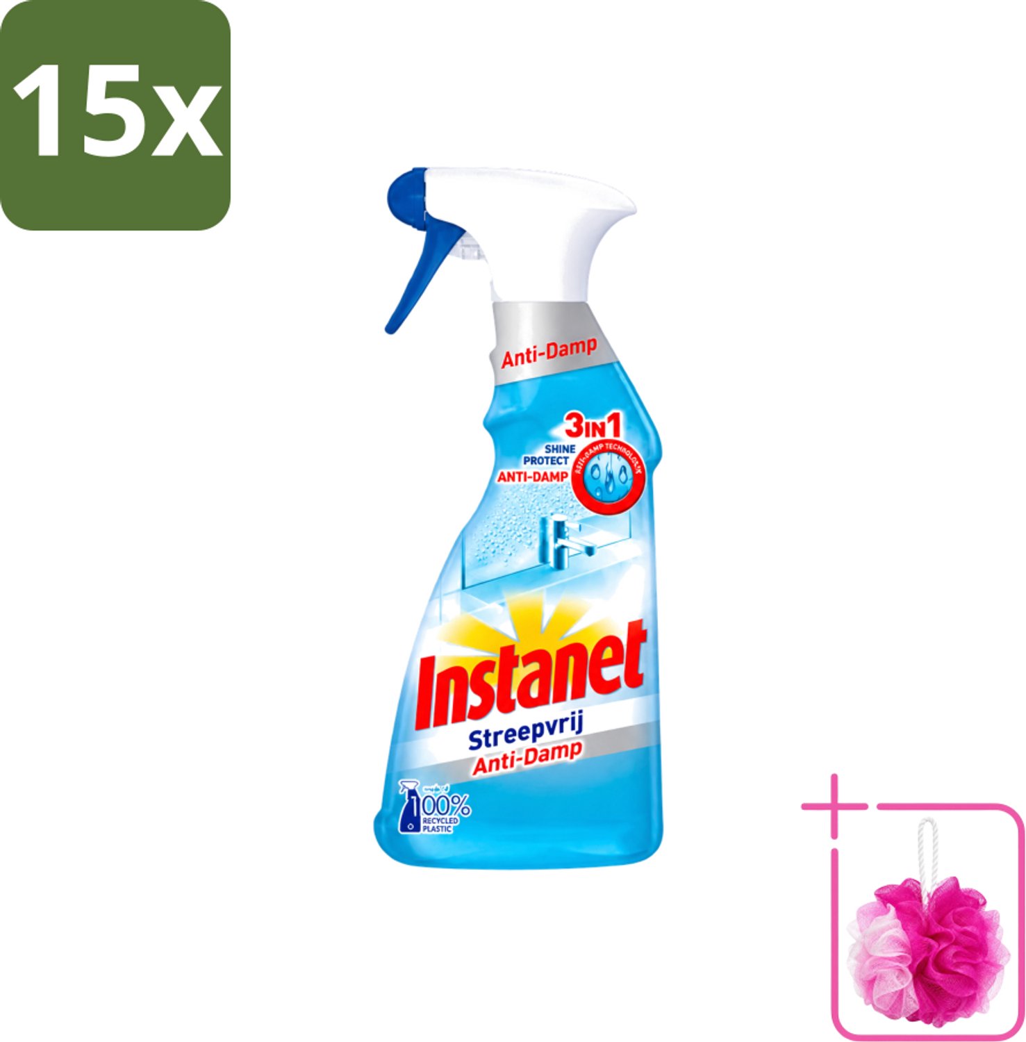 15 x Instanet - Schoonmaakspray - Anti-Damp - Streepvrij - 3in1 - 500 ml - Bulkverpakking - Schoonmaak spray - Douchemop - Anti-damp