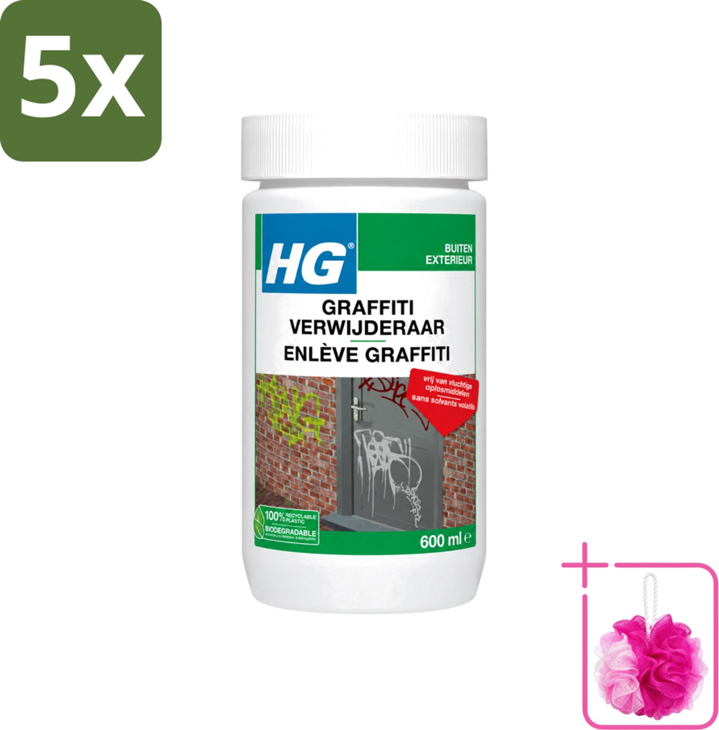 5 x HG - Graffitiverwijderaar - Voor Harde & Zachte Oppervlakken - 600 ml - Bulkverpakking - Graaffitiverwijderaar - Douchemop - Verf verwijderen