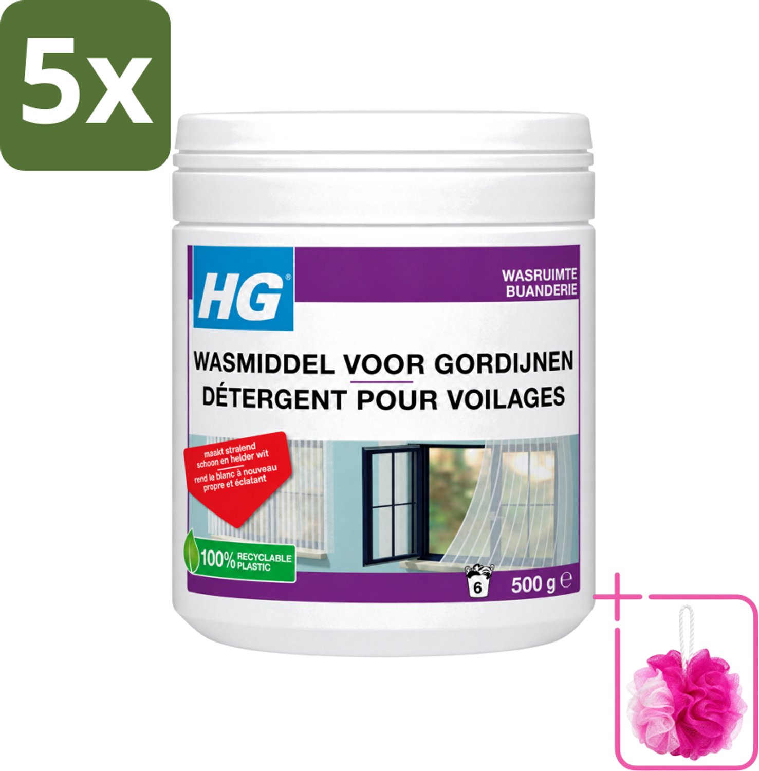 5 x HG - Wasruimte - Wasmiddel Voor Gordijnen - 500 g - Bulkverpakking - Wasmiddel vitrage - Douchemop - Reinigen vitrage