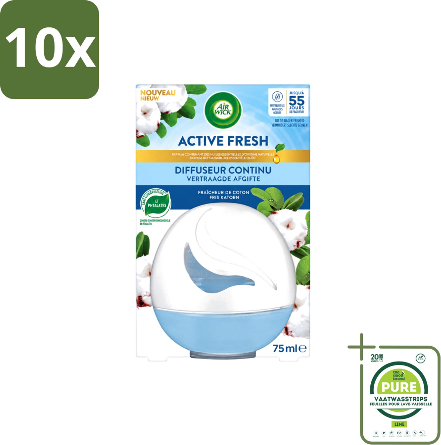 10 x Air Wick – Luchtverfrisser – Deco Sphere Katoen – 75 ml - Grootverpakking - Vaatwasstrips - Luchtverfrisser - Katoen Geur - Frisse Geur - Geur Neutraliseren - Geur In Badkamer