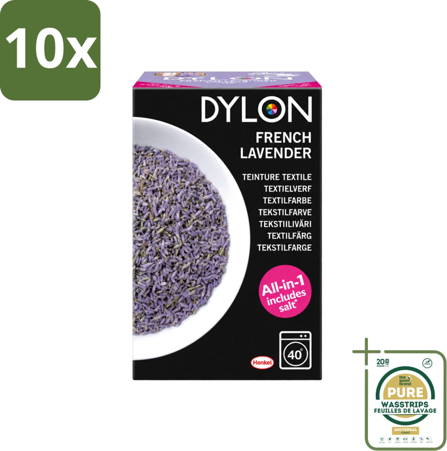 10 x Dylon - Textielverf - French Lavender - All-in-One - Inclusief Zout - 350g - Wasstrips - Textielverf - Lavendelkleur - French Lavender - Zout - Stofverf