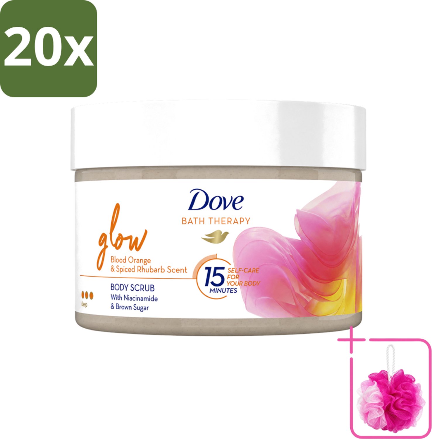 20 x Dove Bath Therapy Glow - Bodyscrub - Bloedsinaasappel & Rabarber - 295 ml - Bulkverpakking - Huid verzorging - Douchemop - Huid stralen