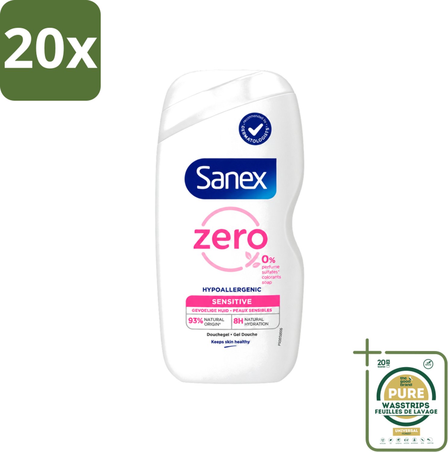20 x Sanex Zero% - Douchegel - Gevoelige Huid - 0% Parfumsulfaten - Hypoallergeen - 400 ml - Wasstrips - Gevoelige Huid - Hypoallergene Douchegel - 0% Parfum - 0% Sulfaten - Milde Reiniging