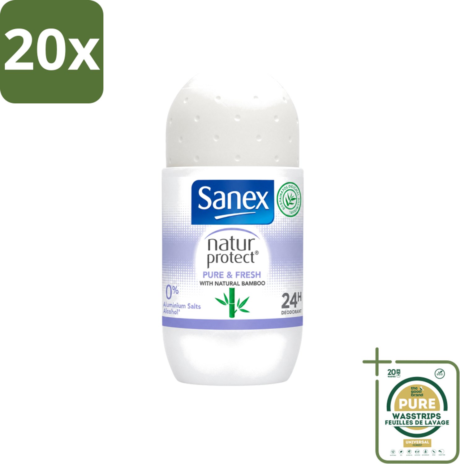 20 x Sanex Natur Protect - Deodorant Roller - Puur & Fris - Met Nattuurlijke Bamboo - 50 ml - Wasstrips - Natuurlijke Deodorant - Bamboe Deodorant - Fris Gevoel - Vochtabsorberend - Aluminiumvrij