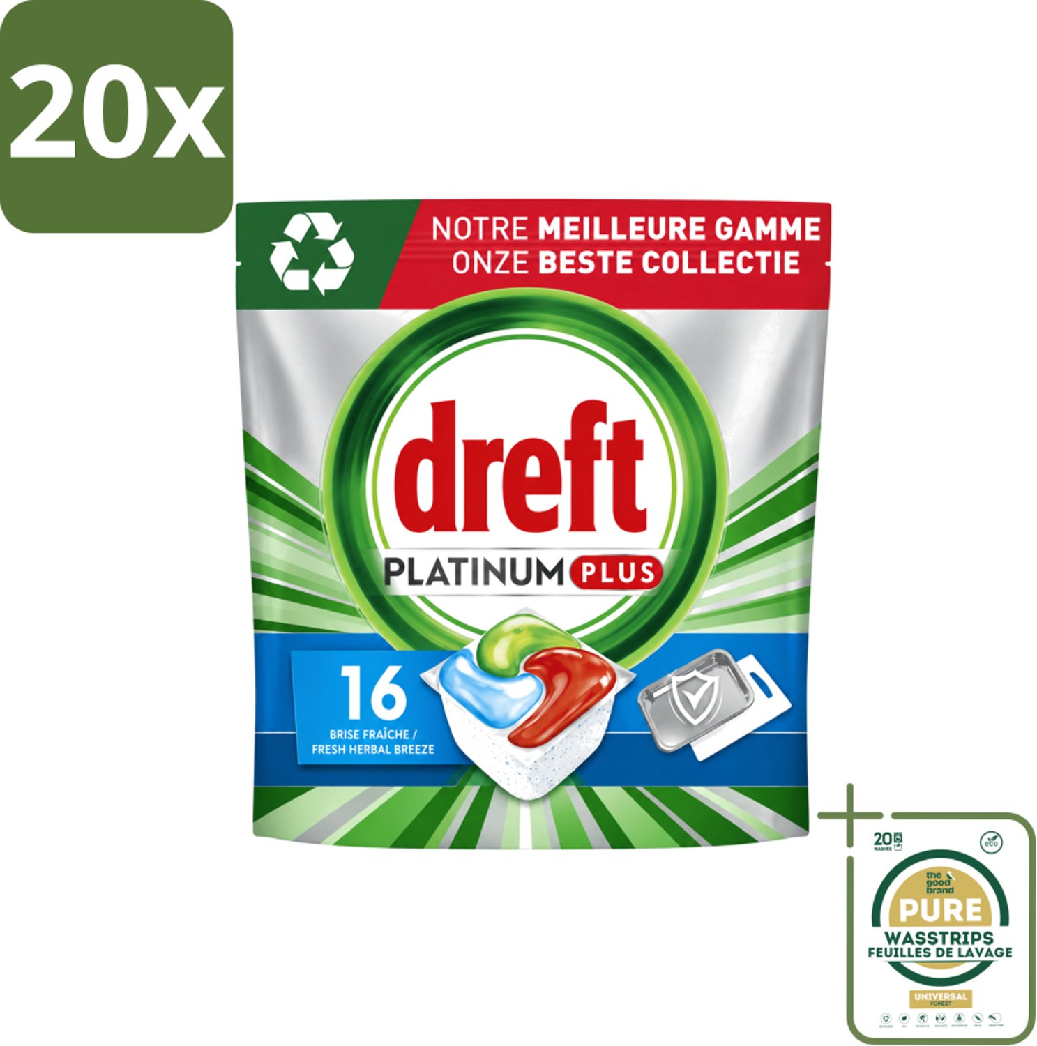 20 x Dreft Platinum Plus - All In One - Vaatwascapsules - Fresh Herbal Breeze - 16 Afwasbeurten - Wasstrips - Vaatwassen - Vaatwassen Capsule - Vaatwassen Kruidgeur - Vaatwassen Glans - Vaatwassen Eco