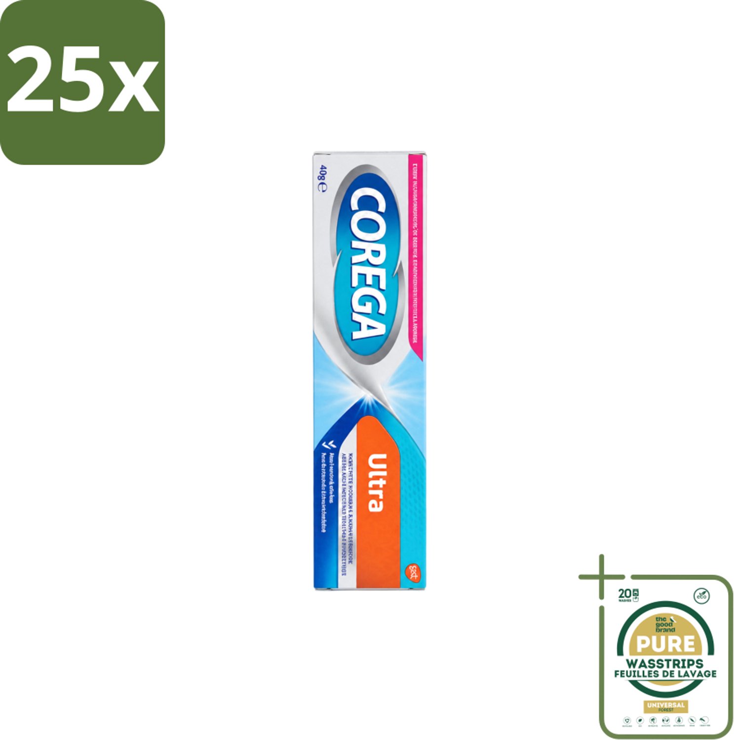 25 x Corega Ultra Kleefcrème - Krachtig Houvast & Bescherming - Met Verfrissende Mintsmaak - 40g - Wasstrips - Gebitprothese Kleefcrème - Houvast Gebitsprothese - Prothese Fixatie - Prothese Crème - Mintsmaak Prothese