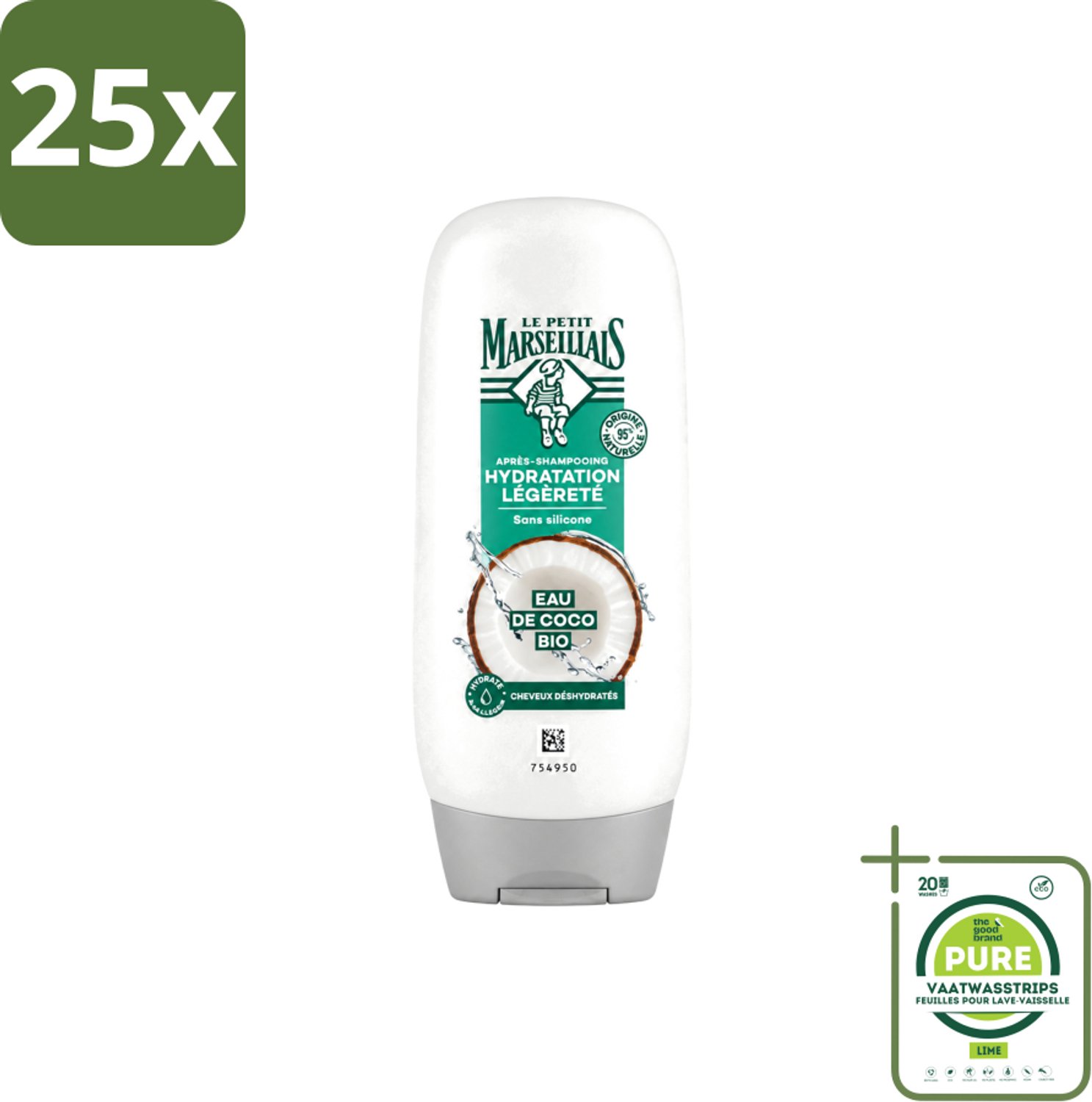 25 x Le Petit Marseillais – Conditioner – Eau de Coco Bio – 250 ml - Grootverpakking - Vaatwasstrips - Conditioner Kokoswater - Hydraatatie Haar - Verzorging Haar - Kokosgeur - Natuurlijke Verzorging