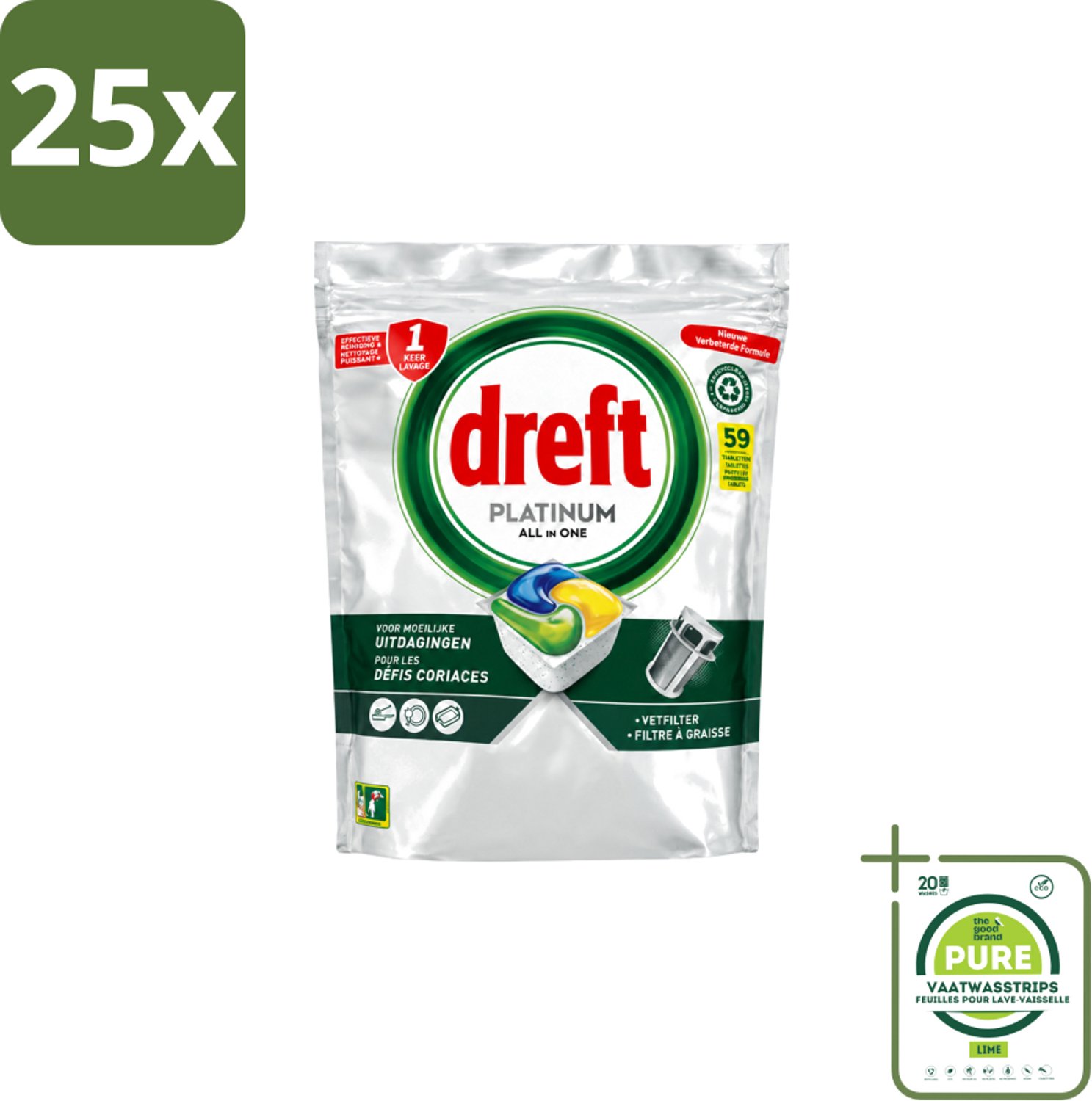 25 x Dreft – Vaatwastabletten – All-in-One Platinum – Lemon – 59 Tabletten - Grootverpakking - Vaatwasstrips - Vaatwastabletten - Vaatwasser - Vetverwijderen - Glasbescherming - Citroengeur