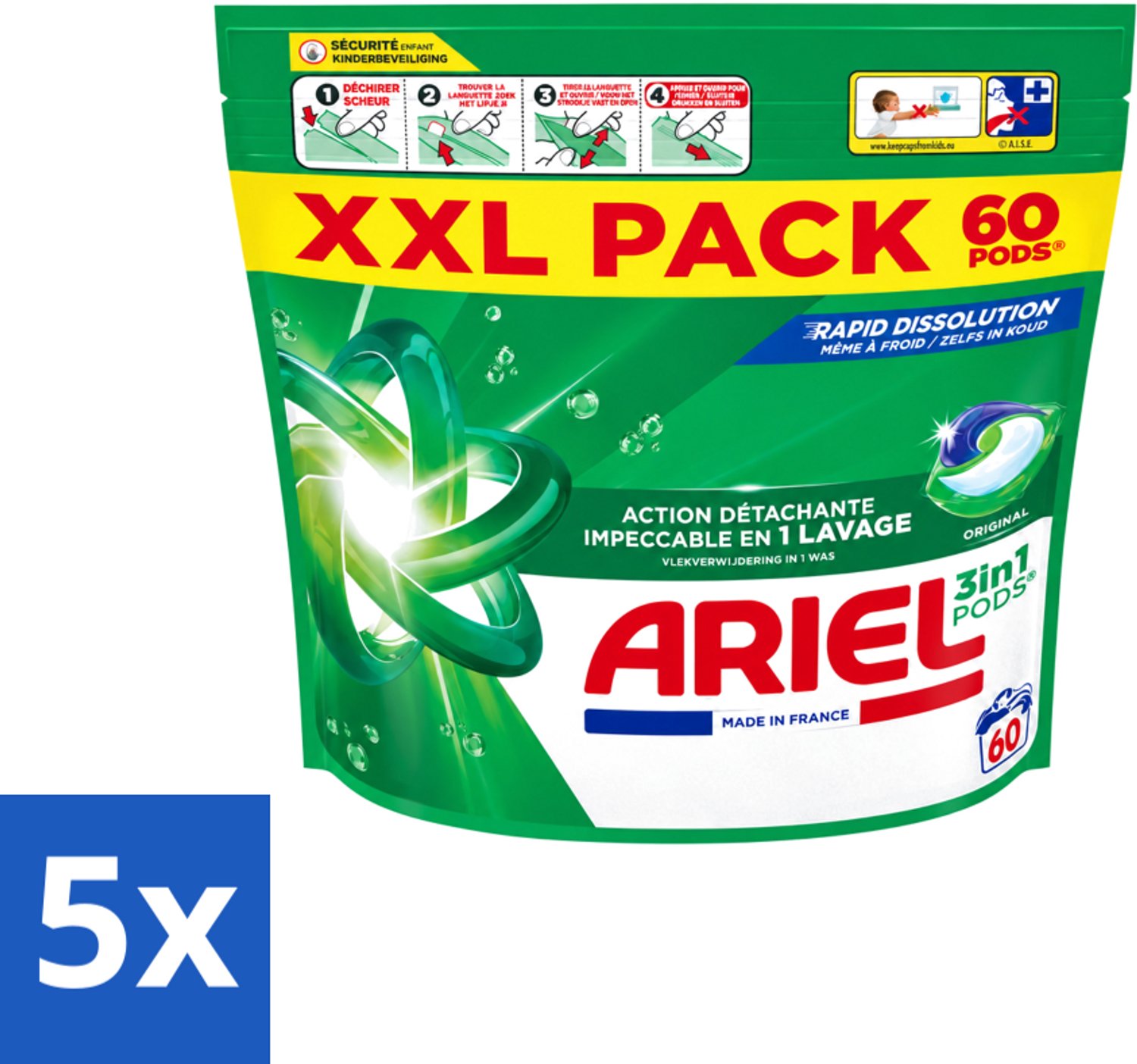 5 x Ariel – Pods 3in1 – Original – 60 wasbeurten - Voordeelverpakking - 5 stuks
