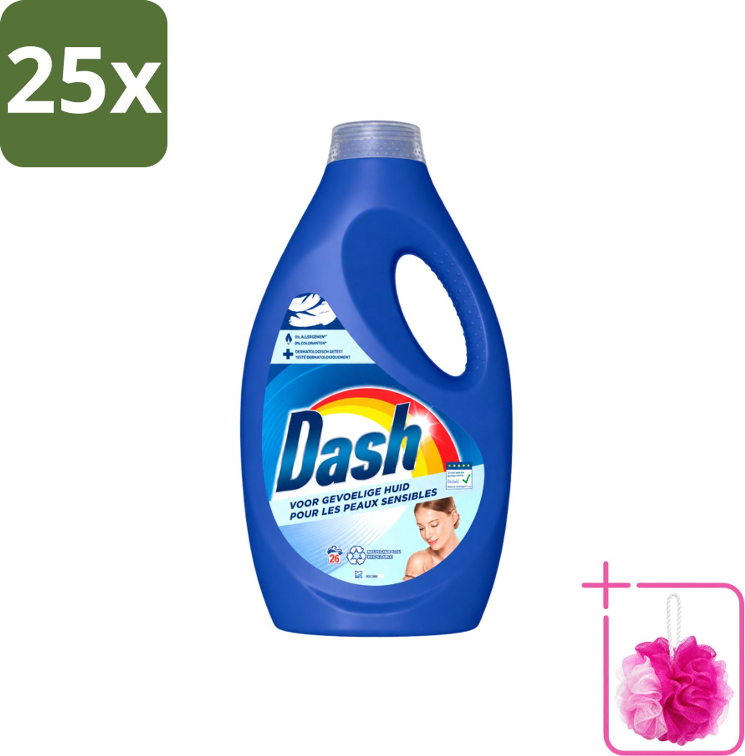 25 x Dash Sensitive - Vloeibaar Wasmiddel - Voor Gevoelige Huid - Witte en Gekleurde Was - 26 Wasbeurten - Bulkverpakking - Gevoelige huid - Douchemop - Wasmiddel