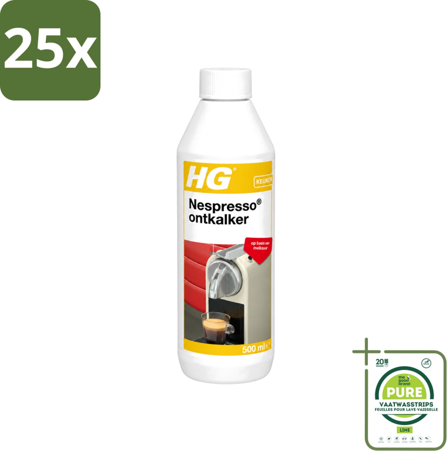 25 x HG - Nespresso Ontkalker - Op Basis Van Melkzuur - 4 tot 5 Reinigingsbeurten - 500 ml - Grootverpakking - Vaatwasstrips - Ontkalken Nespresso Machine - Ontkalkmiddel - Melkzuur Ontkalker - Kalkvoorkomend - Biologisch Afbreekbaar