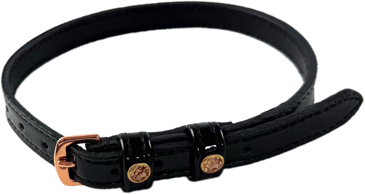 Lakleder Sporenriem Strass, Zwart Lakleer/Rozegouden Strass