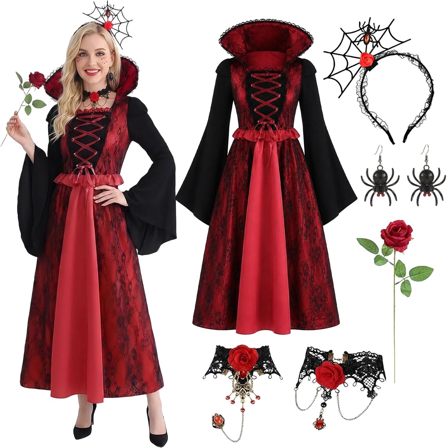 Vampierkostuum gothic vampierjurk met hoofdband halsketting armband voor Halloween carnaval party