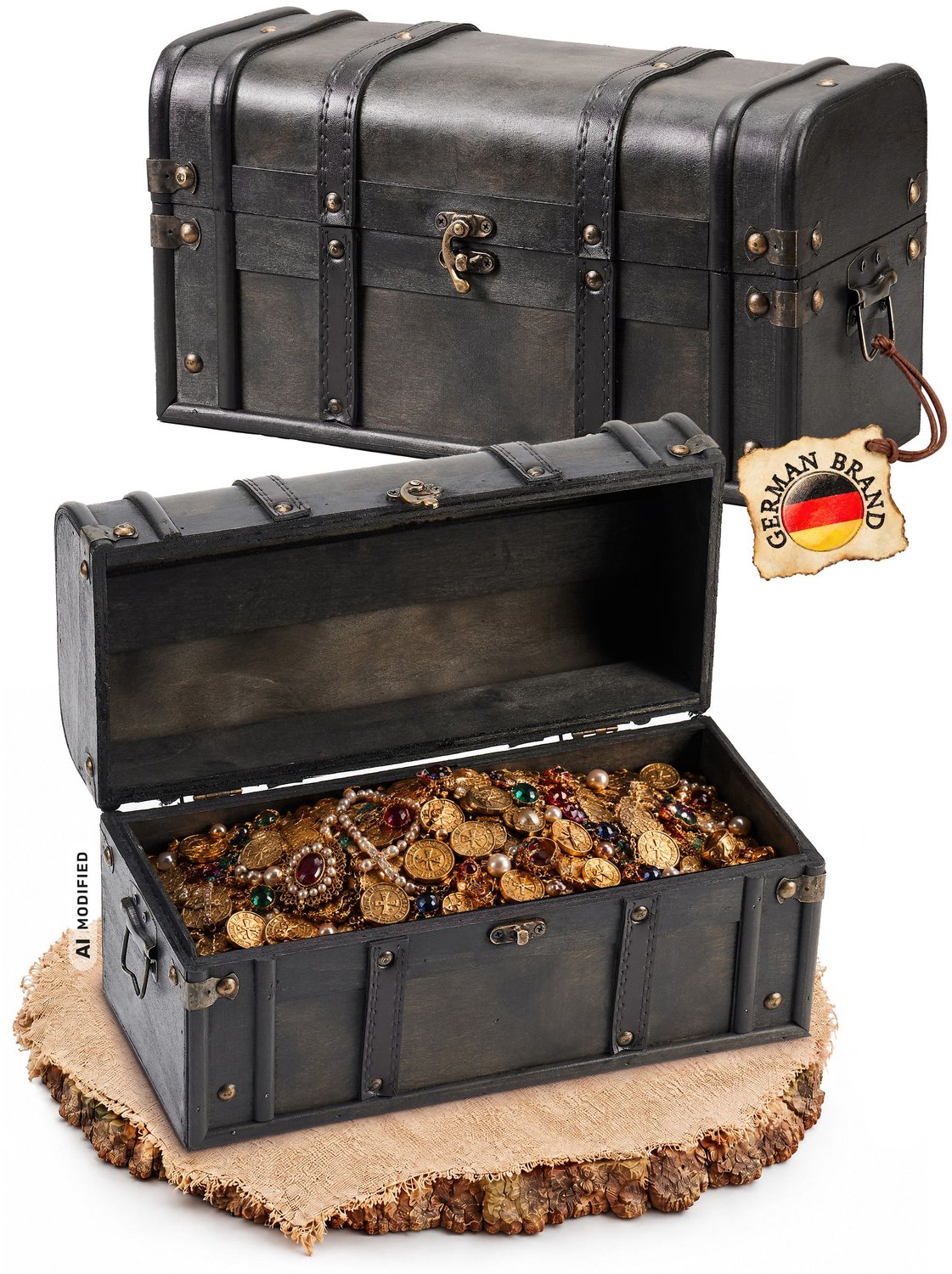 Kingpower houten schatkist, donker, met slot, schatkist, 30x14x16,5 cm