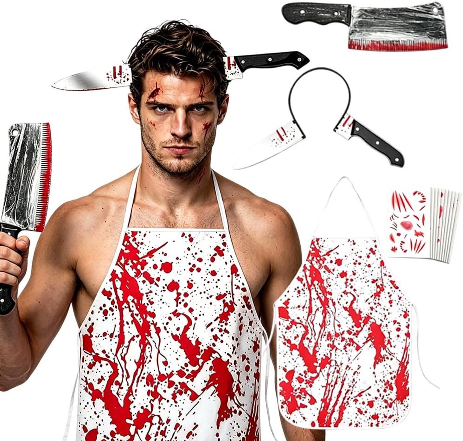 Horror Butcher Kostuum Set, 4PCS Halloween Schort Heren Kostuum, 1 Schort, 10 Tattoo Stickers, 2 Slager Speelgoed, voor Volwassen Kids Party Cosplay