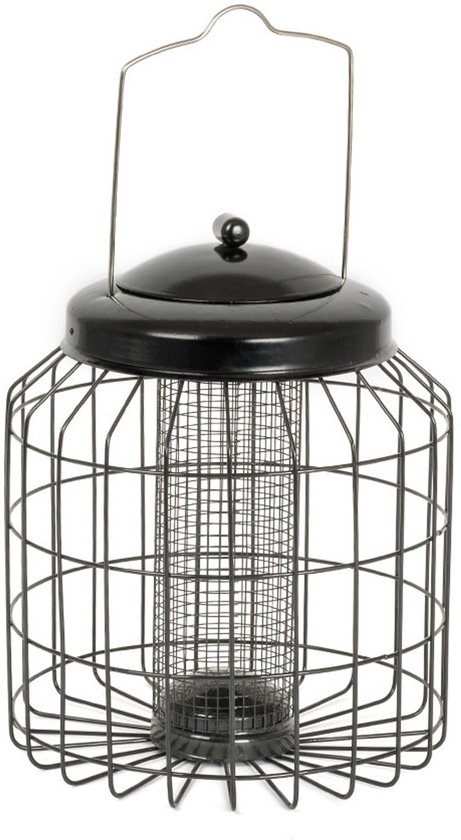 Zwarte hangende vogelvoederkooi met een centrale gaascilinder voor vogelvoer binnenin een beschermend frame.