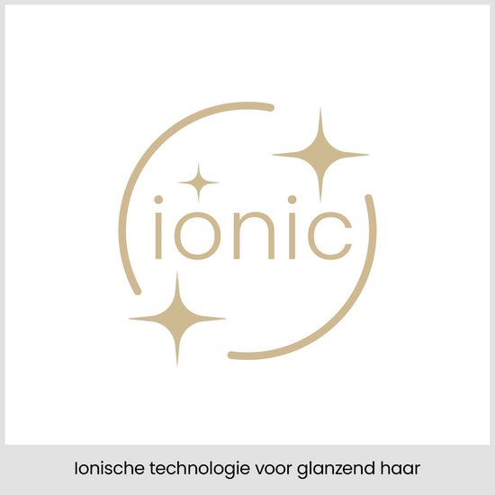 Icône avec texte 'ionic' et petites étoiles pour la technologie ionique pour des cheveux brillants.