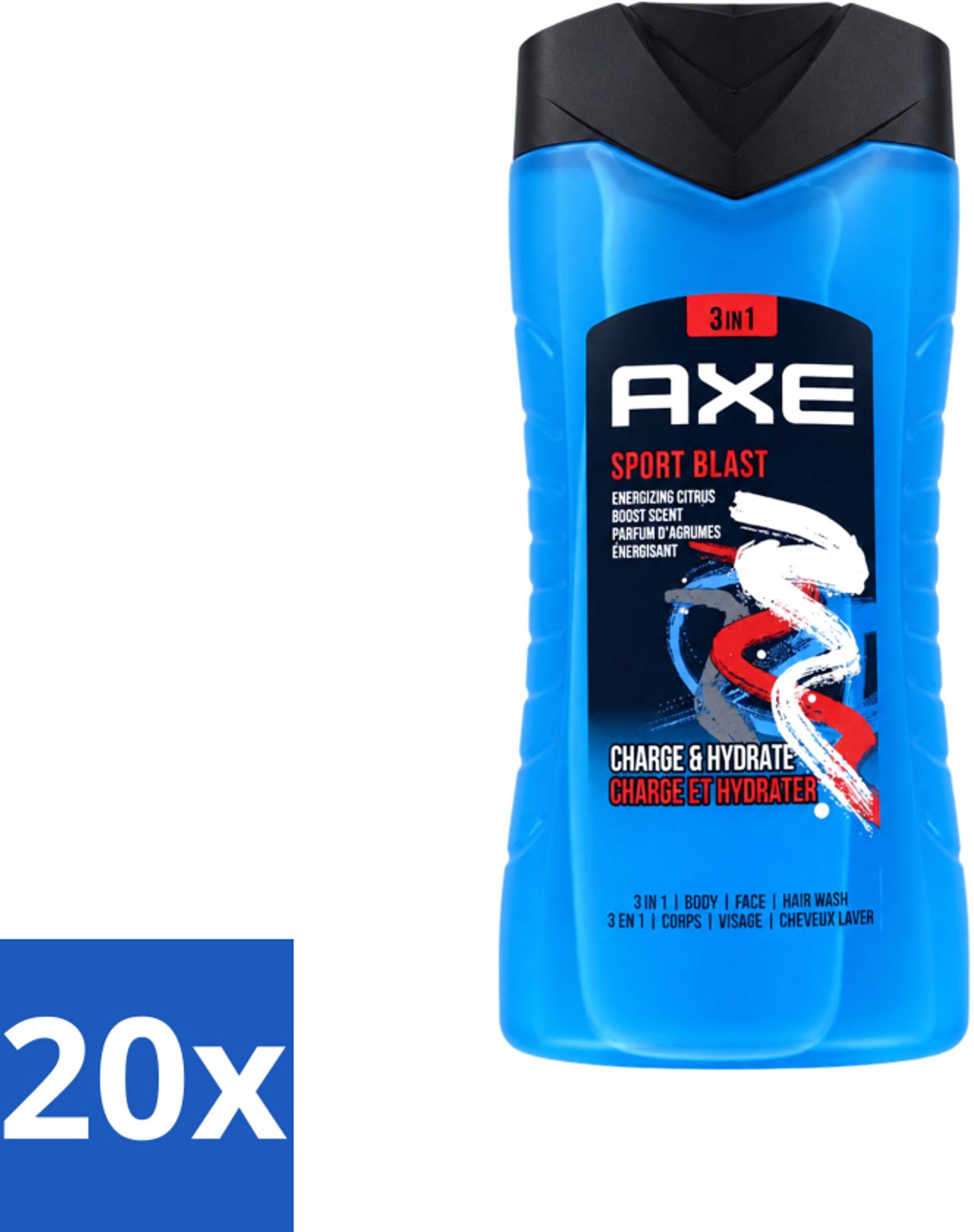 20 x Axe - 3-in-1 Douchegel - Sport Blast - Energizing Citrus - Hydraterend - 250 ml - Voordeelverpakking - 20 stuks