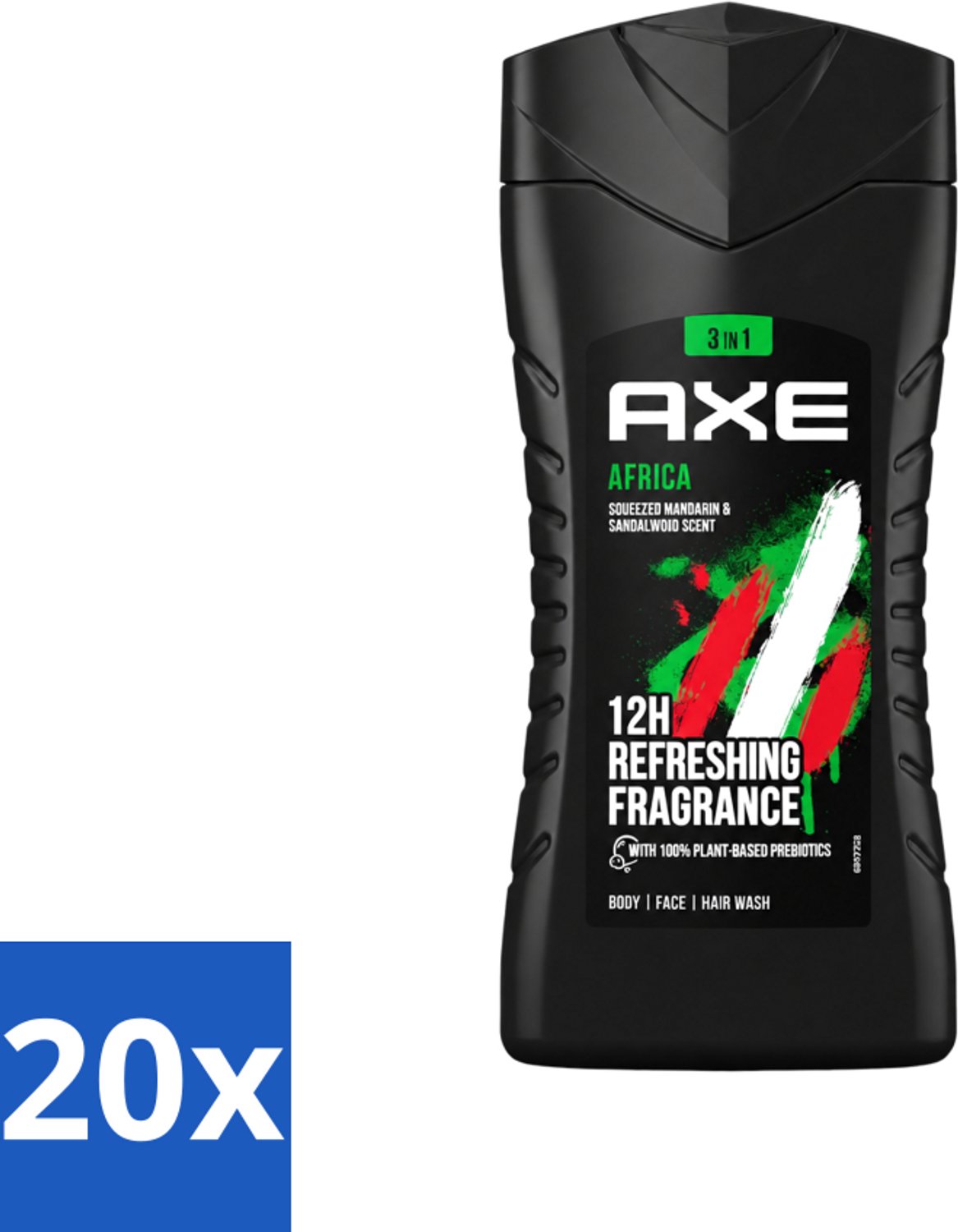 20 x Axe - 3-in-1 Douchegel - Africa - Squeezed Mandarin & Sandalwood - 100% Plantaardig - 250 ml - Voordeelverpakking - 20 stuks