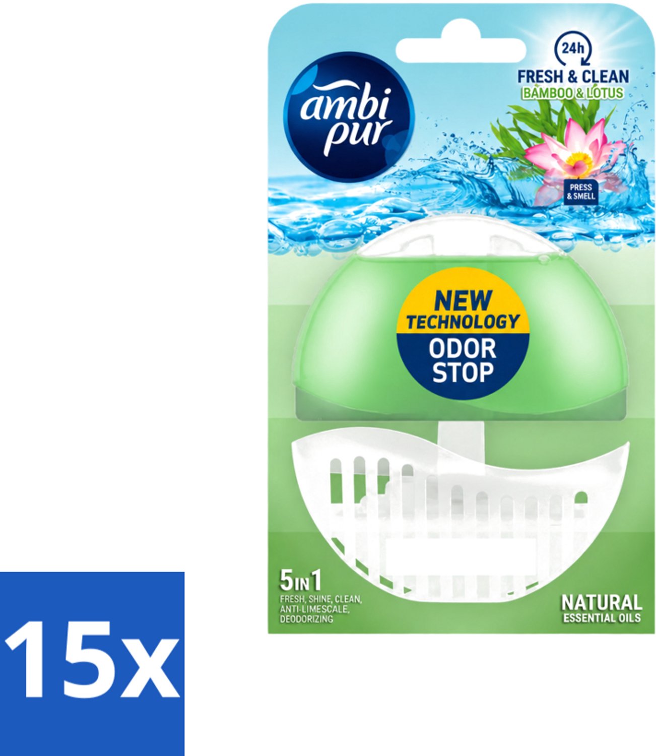 15 x Ambi Pur - Toiletblok - Starterkit 5in1 - Bamboe & Lotus - Toiletblok - 55 ml - Voordeelverpakking - 15 stuks