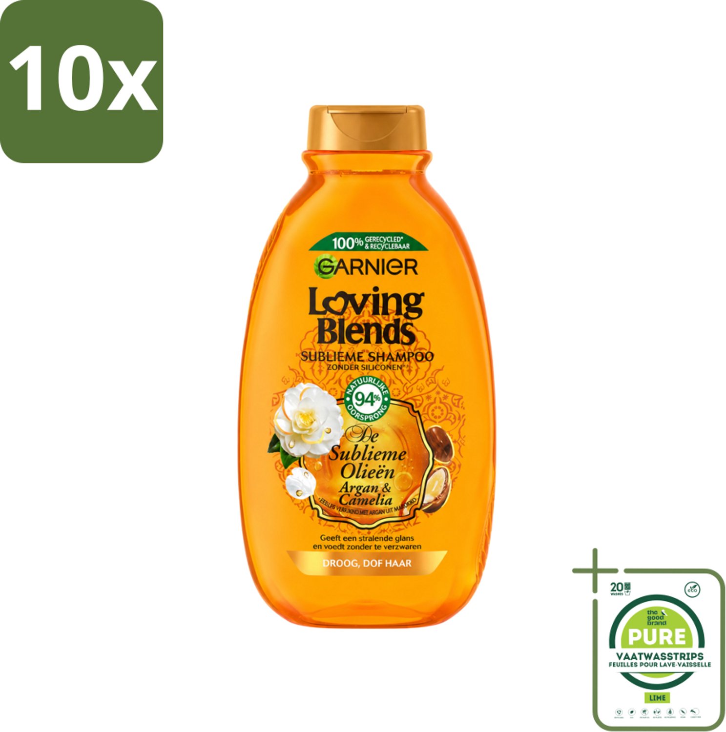 10 x Garnier - Loving Blends - Shampoo - Argan & Cameliaolie - Droog & Dof Haar - 300 ml - Grootverpakking - Vaatwasstrips - Droog Haar - Dof Haar - Haarvoeding - Haarherstel - Arganolie