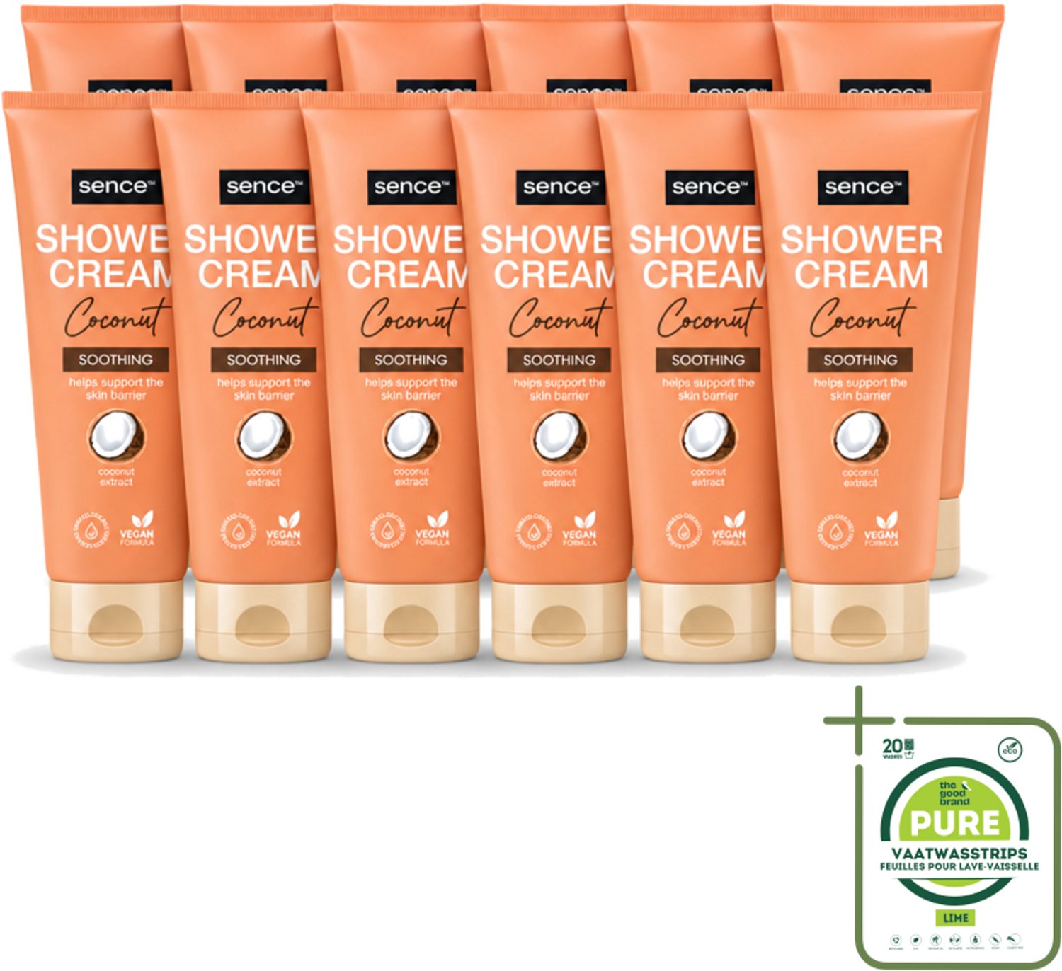 12 x Sence - Coconut - Douchecrème - Verzorgend - 200 ml - Grootverpakking - Vaatwasstrips - Douchecrème Kokos - Kokos Geur - Huid Verzorging - Droge Huid - Gevoelige Huid