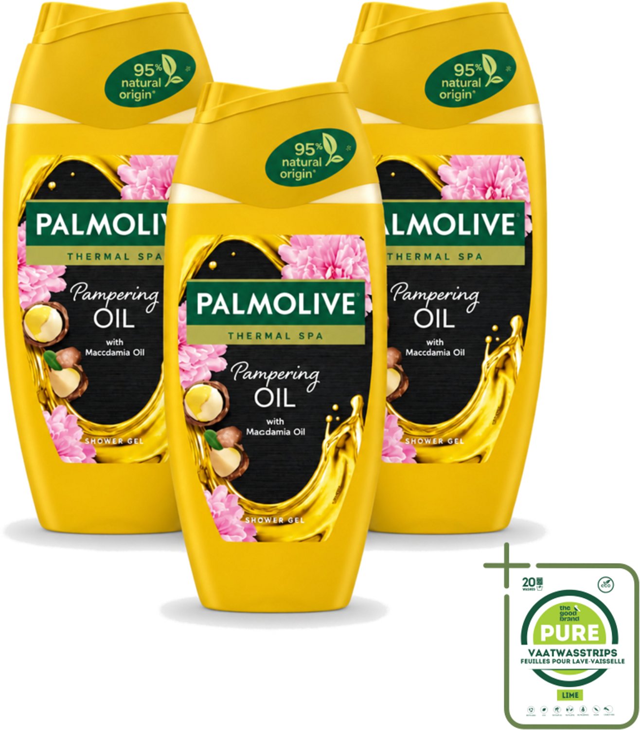 3 x Palmolive - Thermal Spa - Douchegel - Pampering Oil - Macadamia - 250 ml - Grootverpakking - Vaatwasstrips - Douchegel - Spa Ervaring - Pampering Oil - Macadamia Olie - Peonyzaadolie