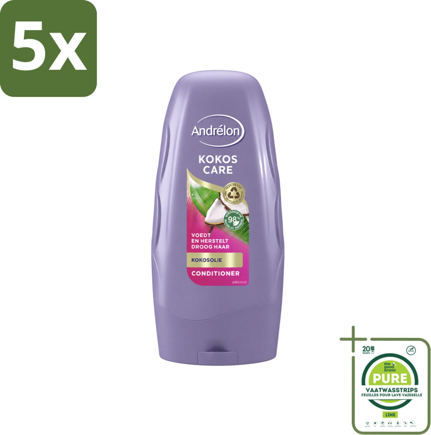 5 x Andrélon - Kokos Care - Conditioner - Diepe Hydratatie - 250 ml - Grootverpakking - Vaatwasstrips - Droog Haar - Herstel Haar - Kokosolie - Kokosmelk - Hydratatie