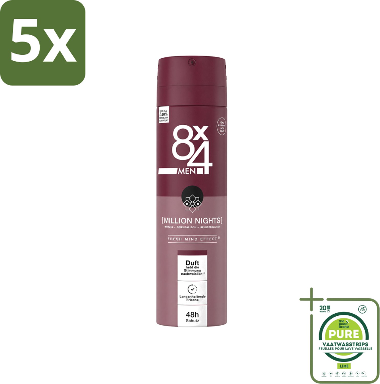 5 x 8 x 4 Deospray Men - No.18 Millions Nights - Deodorant - Voor Heren - 150 ml - Grootverpakking - Vaatwasstrips - Deodorant Voor Heren - Avondgeur - Zweetbestendig - Langdurige Geur - Mannelijke Geur