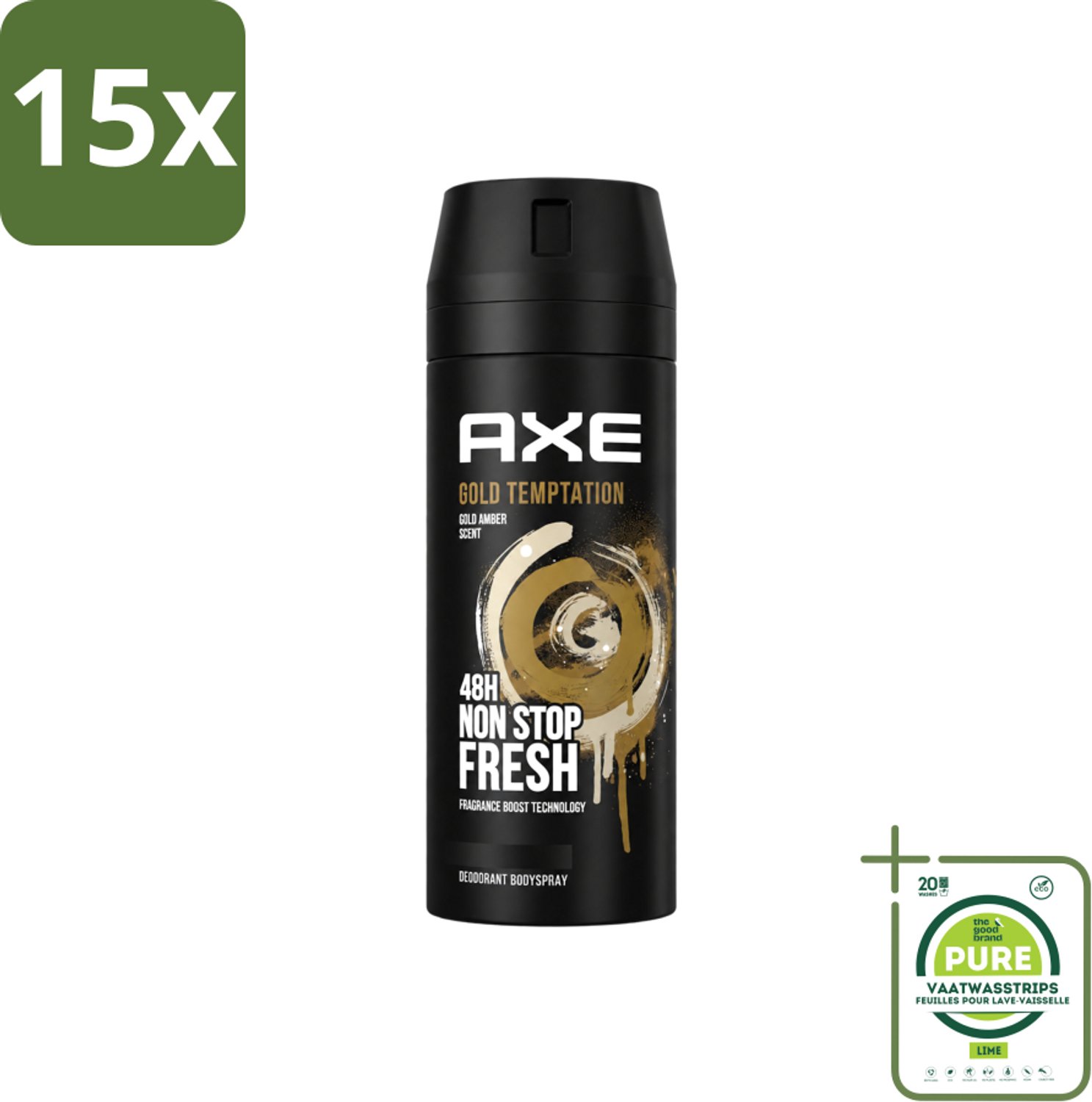 15 x Axe - Deodorant Bodyspray - 48hrs Non Stop Fresh - Gold Temptation - Gold Amber - 150 ml - Grootverpakking - Vaatwasstrips - Deodorant - Bodyspray - Frisheid - Geur - Geurbescherming