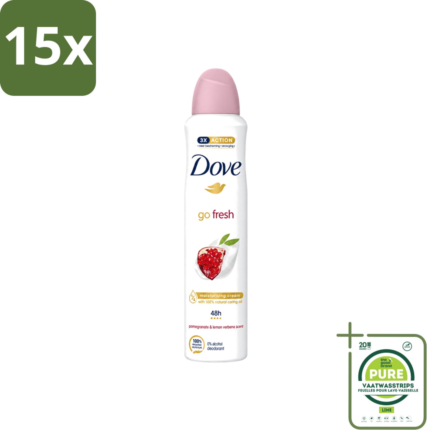 15 x Dove - Deodorant - Spray Go Fresh - Granaatappel - Fruitige geur - 250 ml - Grootverpakking - Vaatwasstrips - Dove Deodorant Spray - Geurige Anti-transpirant - Frisheid - Fruitige Geur - Gevoelige Huid