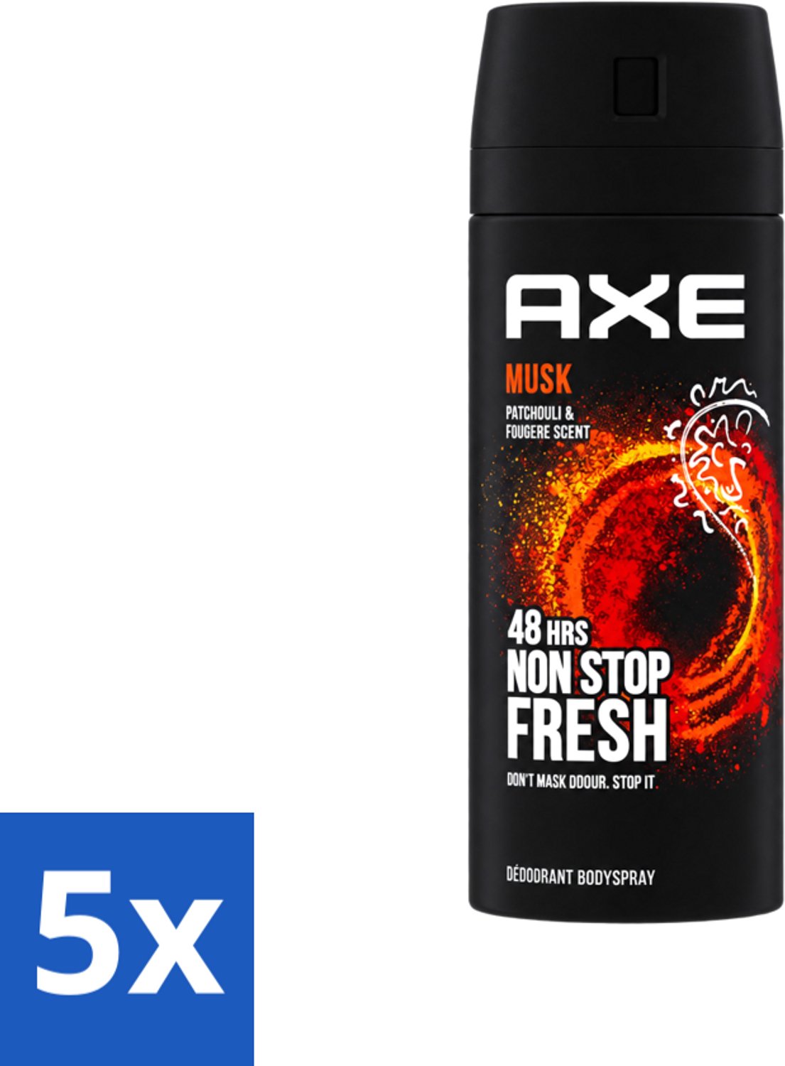 5 x Axe - Deodorant Bodyspray - 48hrs Non Stop Fresh - Musk - Patchouli & Fougere - 150 ml - Voordeelverpakking - 5 stuks