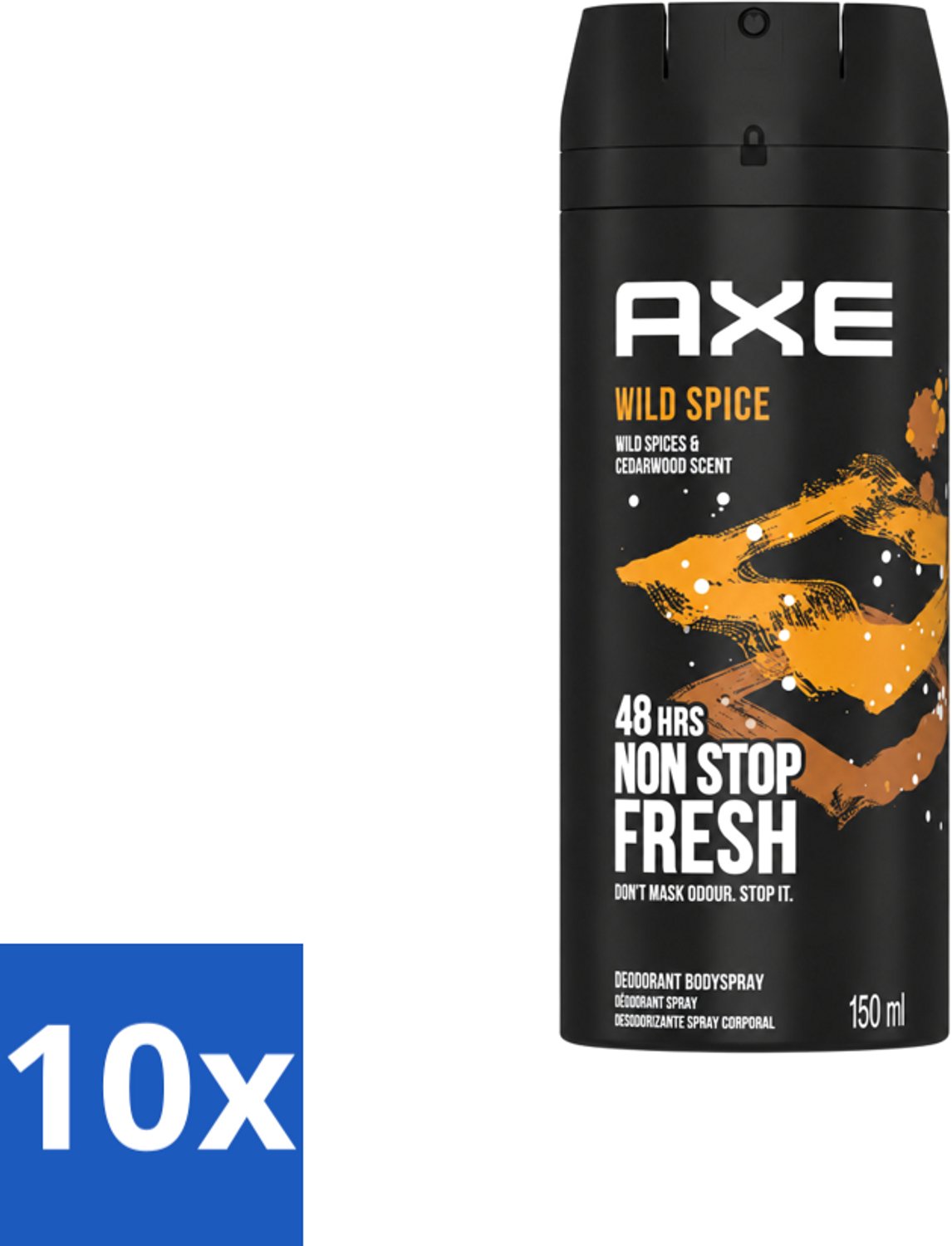 10 x Axe - Deodorant Bodyspray - 48hrs Non Stop Fresh - Wild Spice - Wild Spices & Cedarwood - 150 ml - Voordeelverpakking - 10 stuks