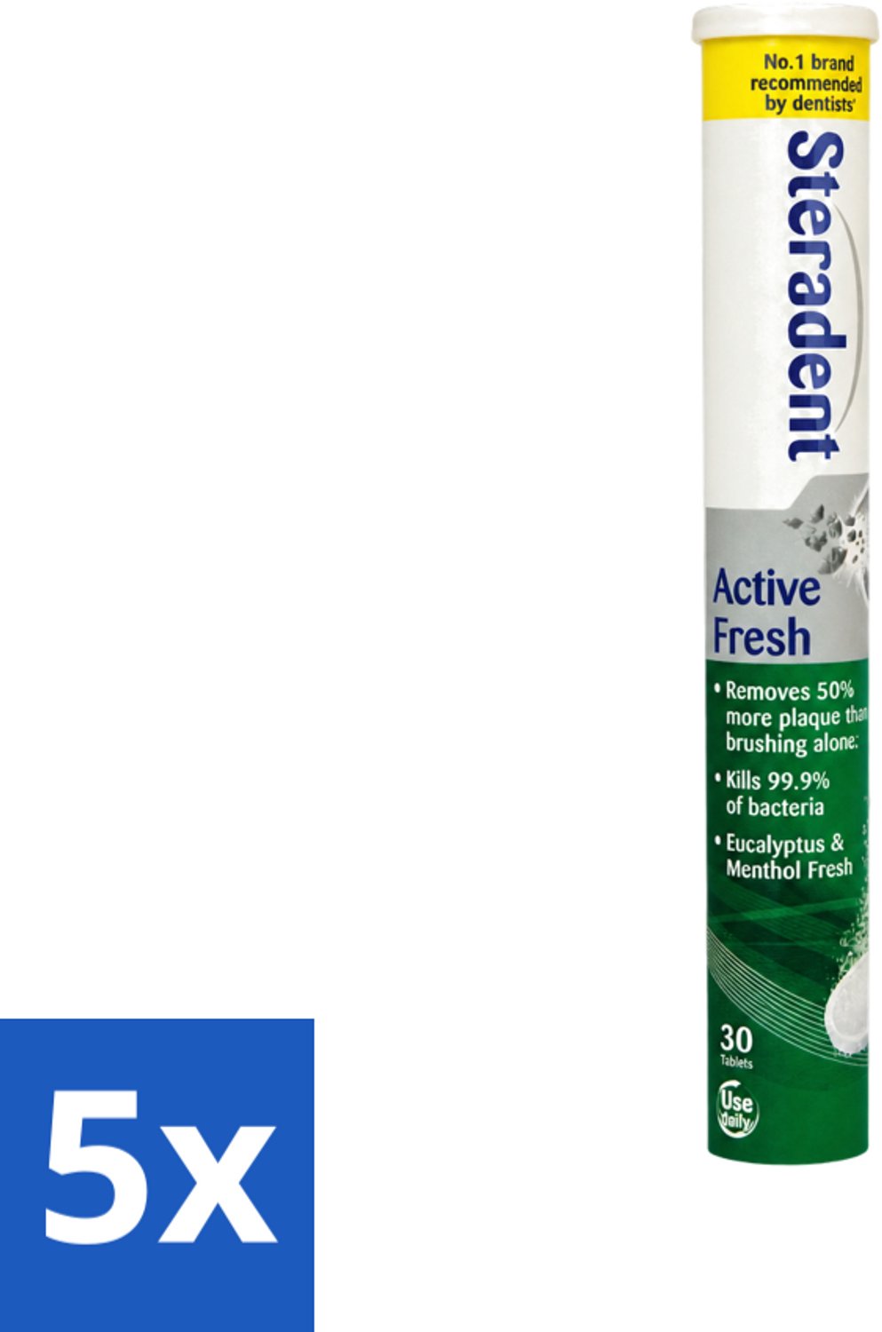 5 x Steradent - Reinigingstabletten - Active Fresh - Voor Kunstgebitten - 30 Tabletten - Voordeelverpakking - 5 stuks