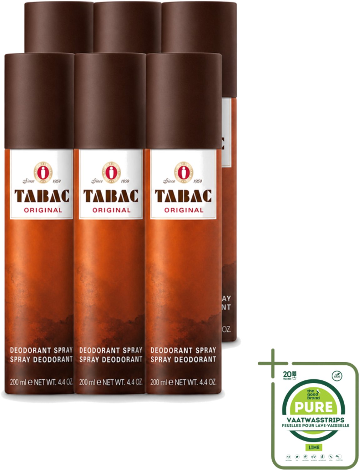 6 x Tabac Original - Deodorant Spray - Anti-transpirant - 200 ml - Grootverpakking - Vaatwasstrips - Deodorant Spray - Anti-transpirant - Zweetvermindering - Geur - Mannelijkheid