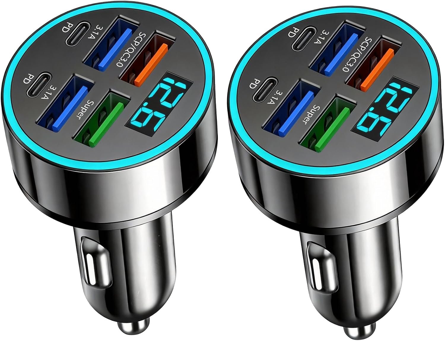 2 stuks USB autolader, 50 W, 6 poorten, sigarettenaansteker, USB-oplader, U-SB C, snelladen, auto-oplader, Z-sigarettenaansteker voor smartphone, tablet, mobiele telefoon, navigatie, auto