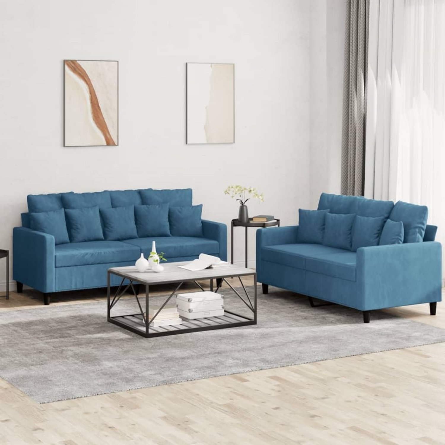 2-delig. Bankset met kussen blauw fluweel, zacht velours sofa set, comfortabele bekleding, robuust metalen frame, woonkamermeubel voor ontspanning