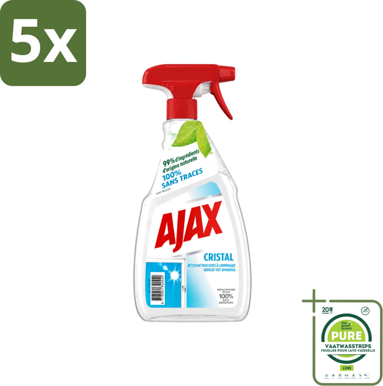 5 x Ajax - Ruitenreiniger - Cristal - Spray Met Ammoniak - 750 ml - Grootverpakking - Vaatwasstrips - Ruitenreiniger - Ammoniak - Streeploos - Ruiten Reinigen - Glans